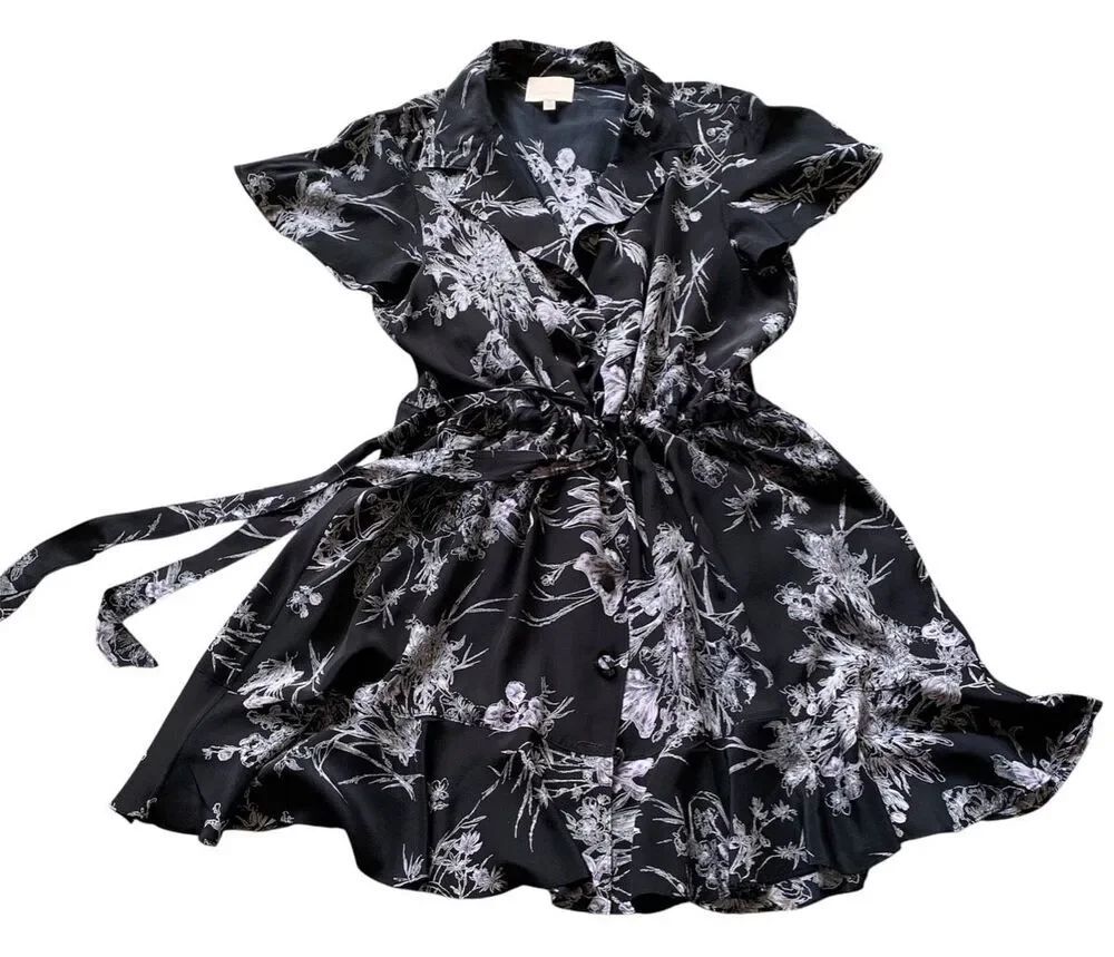 NEW NWOT Cinq à Sept Inky Floral black Tie Waist Silk Mini Dress sz 12